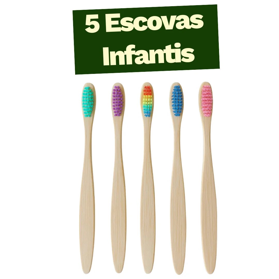 Kit infantil com 5 escovas de dentes de bambu biodegradáveis