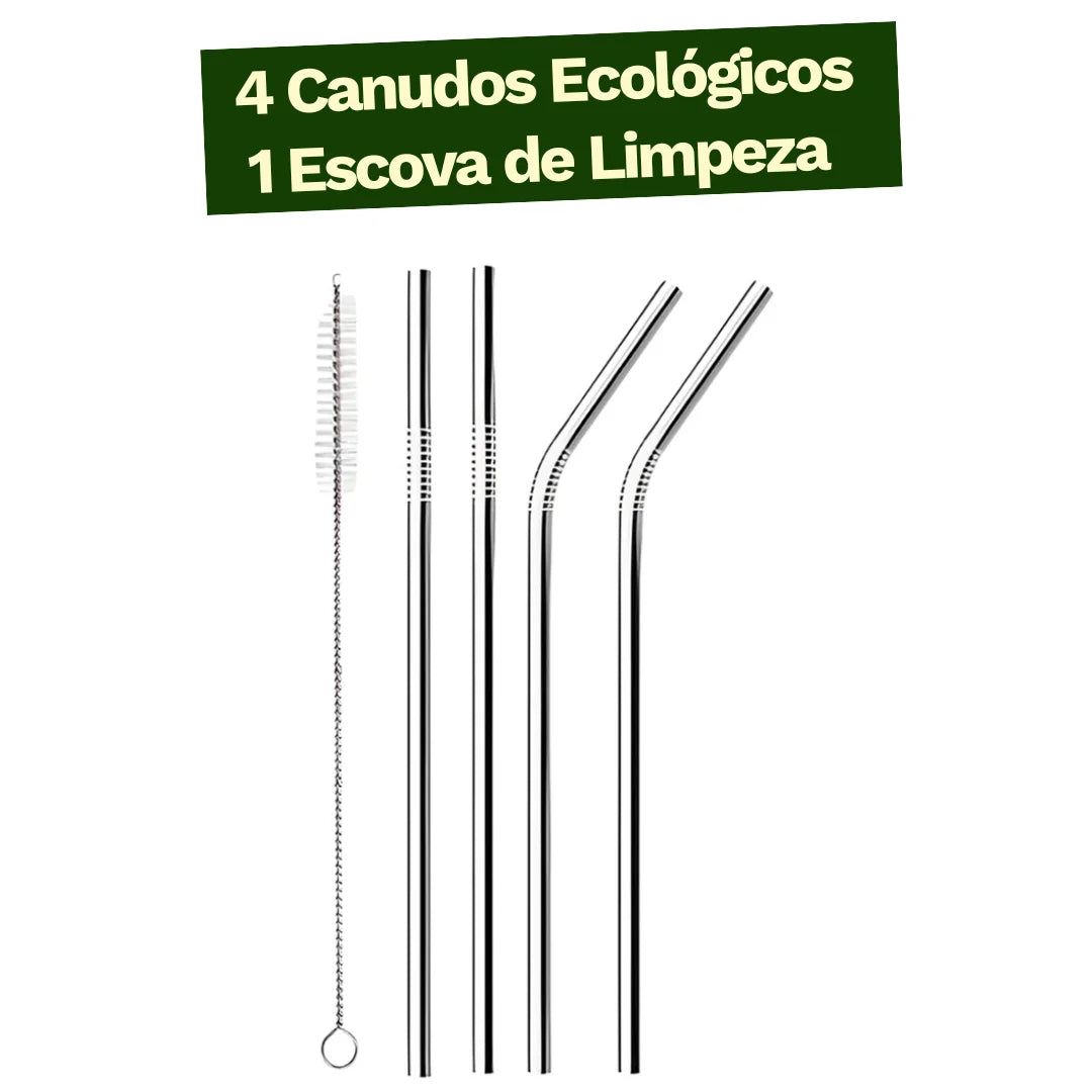 Kit com 4 canudos de inox e 1 escova de limpeza